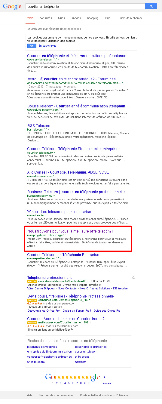 ProgetCom en 1ère page sur Google pour Courtier en Téléphonie